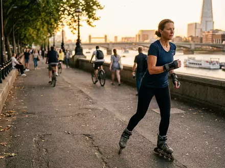 Fotorealistische Aufnahme von Handgelenkschutz an der Promenade zum Thema Triple Eight Saver Series, warmes Abendlicht - Foto: THN