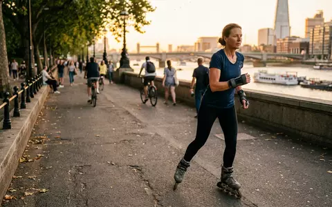 Fotorealistische Aufnahme von Handgelenkschutz an der Promenade zum Thema Triple Eight Saver Series, warmes Abendlicht - Foto: THN
