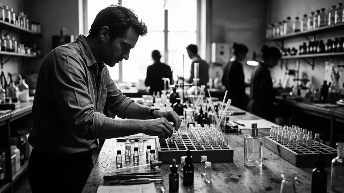 Schwarzweiss-Reportagebild mit Eau de Toilette in dokumentarischer Arbeitsumgebung