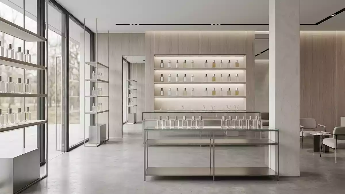 Architektur-Render im Parfuemerie mit Eau de Toilette im Ausstellungsbereich, neutral