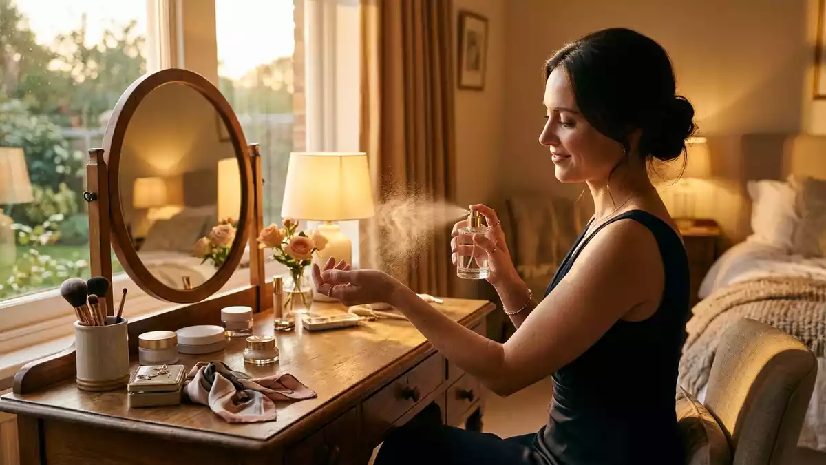 Fotorealistische Ansicht von Eau de Toilette vor dem Abendessen in warmem Abendlicht