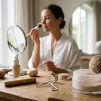 Fotorealistische Aufnahme von Loser Gesichtspuder am Schminktisch zum Thema Huda Beauty Easy Bake, natuerliches Licht - Foto: THN