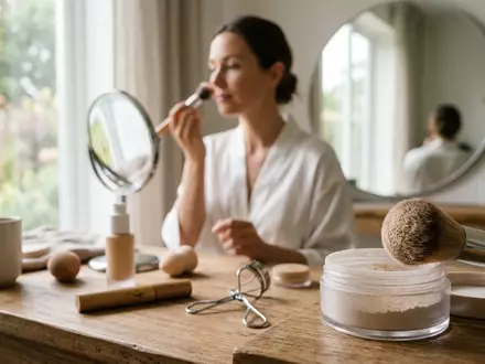 Fotorealistische Aufnahme von Loser Gesichtspuder am Schminktisch zum Thema Huda Beauty Easy Bake, natuerliches Licht - Foto: THN