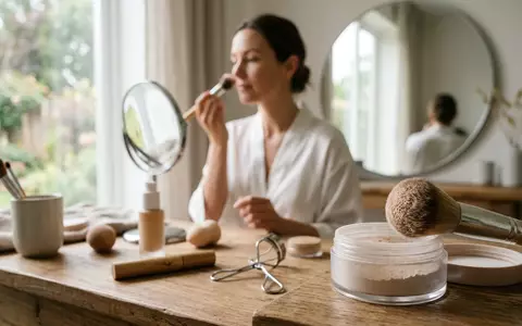 Fotorealistische Aufnahme von Loser Gesichtspuder am Schminktisch zum Thema Huda Beauty Easy Bake, natuerliches Licht - Foto: THN