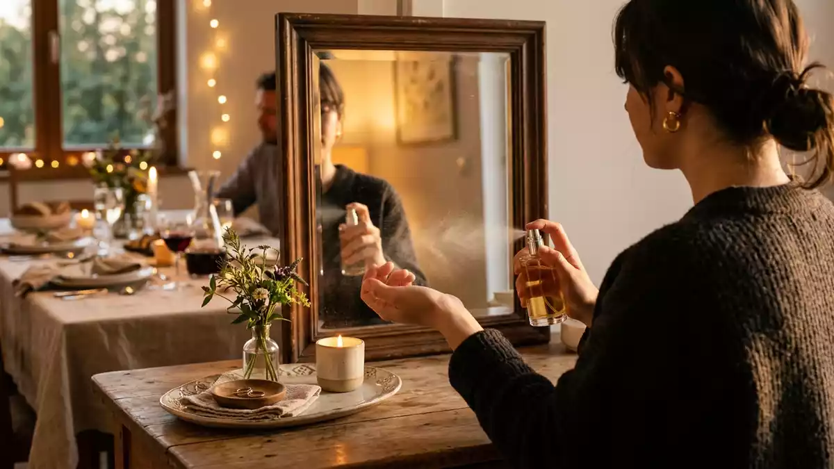Fotorealistische Ansicht von Eau de Parfum vor dem Abendessen in warmem Abendlicht