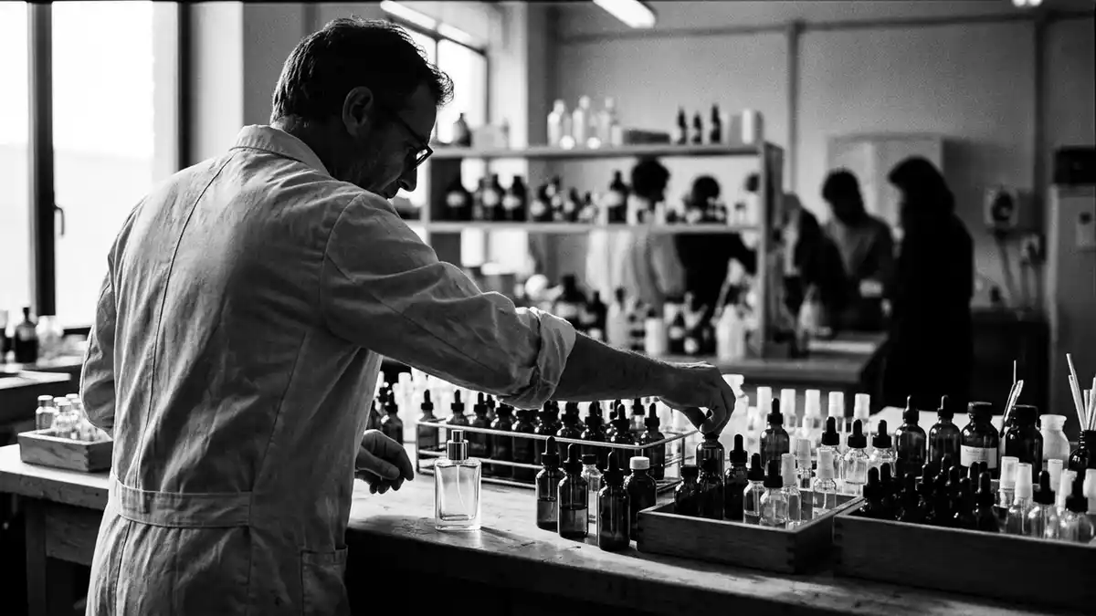 Schwarzweiss-Reportagebild mit Eau de Toilette in dokumentarischer Arbeitsumgebung