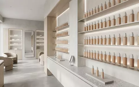 Architektur-Render im Kosmetikgeschaeft mit Fluessigfoundation zum Thema Huda Beauty FauxFilter Foundation, neutrales Tageslicht - Foto: THN