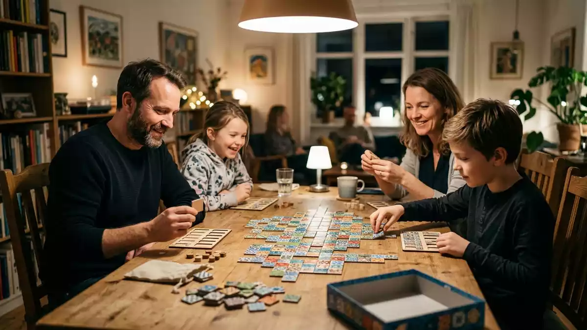 Fotorealistische Ansicht von Strategiespiel am Esstisch in realer Umgebung, neutral