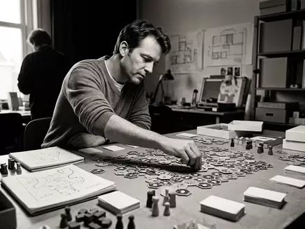 Schwarzweiss-Reportage mit Strategiespiel zum Thema Kingdomino, hoher Kontrast, sachlich dargestellt, markenneutral, redaktionelle Verwendung - Foto: THN