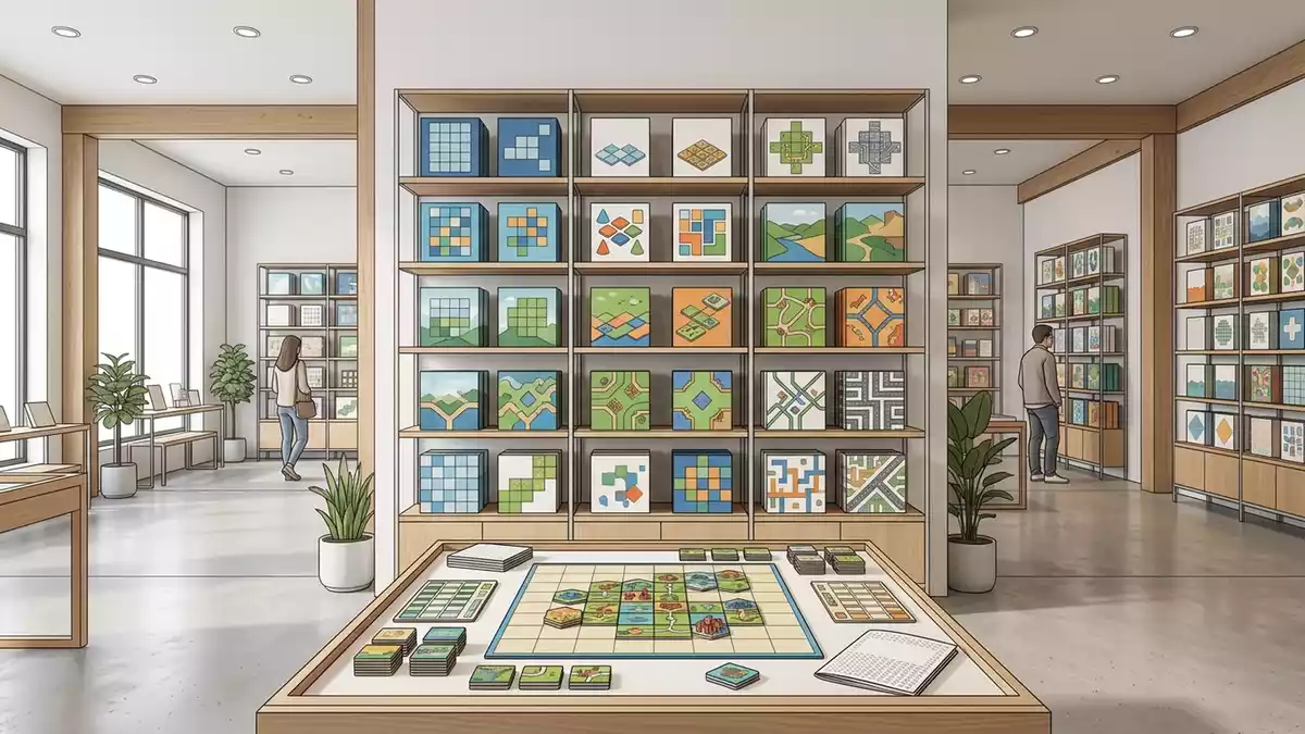 Architektur-Render im Spielefachgeschaeft mit Strategiespiel im Ausstellungsbereich