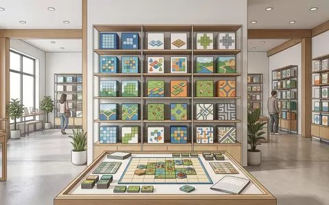 Architektur-Render im Spielefachgeschaeft mit Strategiespiel zum Thema Kingdomino, neutrales Tageslicht, sachlich dargestellt - Foto: THN