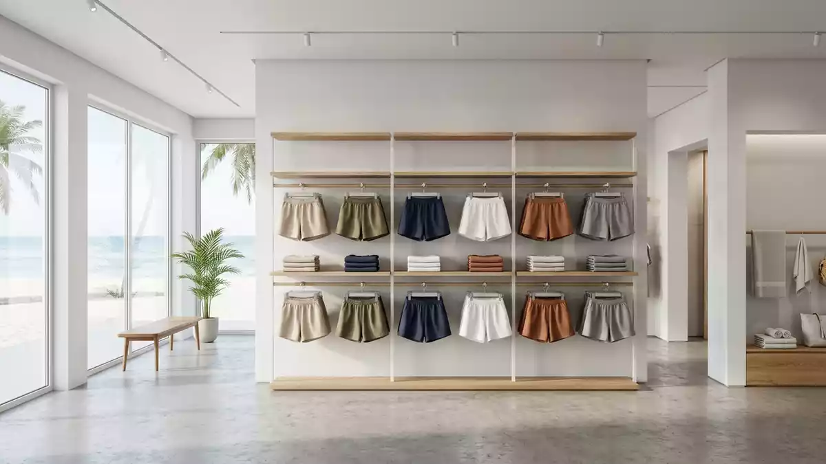 Architektur-Render im Bademodengeschaeft mit Strandshorts im Ausstellungsbereich