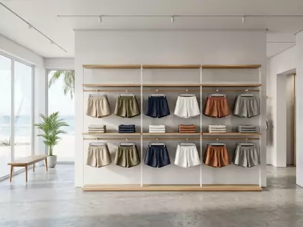 Architektur-Render im Bademodengeschaeft mit Strandshorts zum Thema Quiksilver Damen Strand-Shorts Highwaist, neutrales Tageslicht - Foto: THN