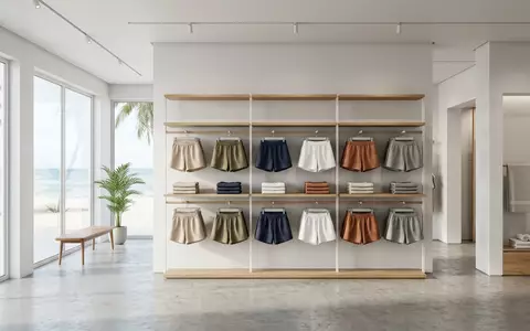 Architektur-Render im Bademodengeschaeft mit Strandshorts zum Thema Quiksilver Damen Strand-Shorts Highwaist, neutrales Tageslicht - Foto: THN