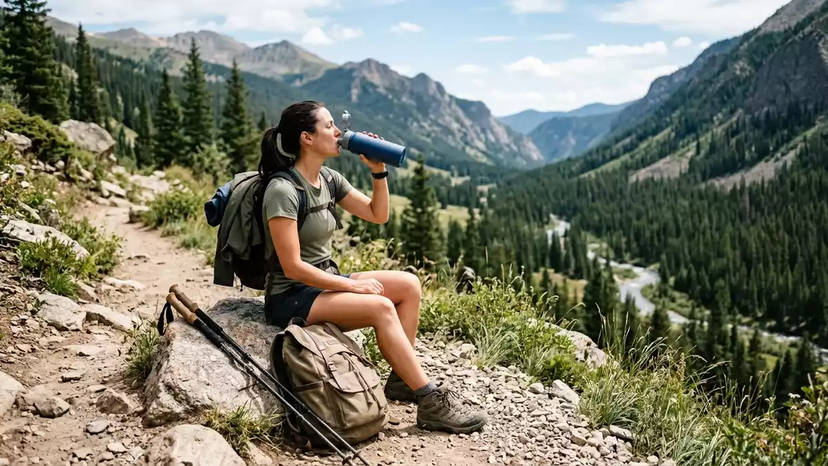 Fotorealistische Ansicht von Trinkflasche beim Wandern in realer Umgebung, neutral
