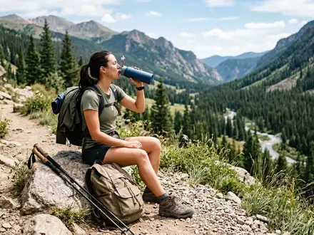 Fotorealistische Aufnahme von Trinkflasche beim Wandern zum Thema Quechua 500ml Fast Opening, natuerliches Licht - Foto: THN
