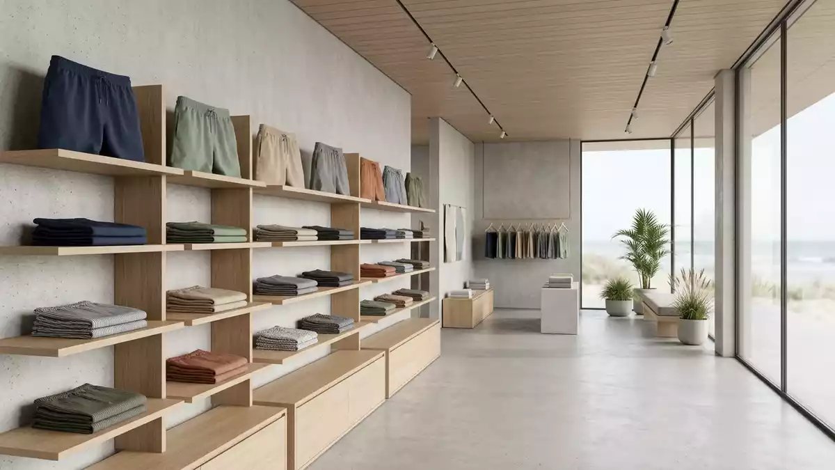 Architektur-Render im Bademodengeschaeft mit Badeshorts im Ausstellungsbereich