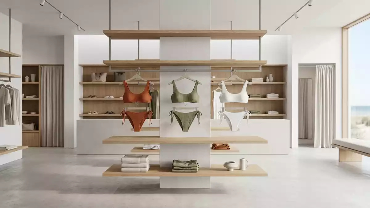 Architektur-Render im Bademodengeschaeft mit Bikini im Ausstellungsbereich, neutral