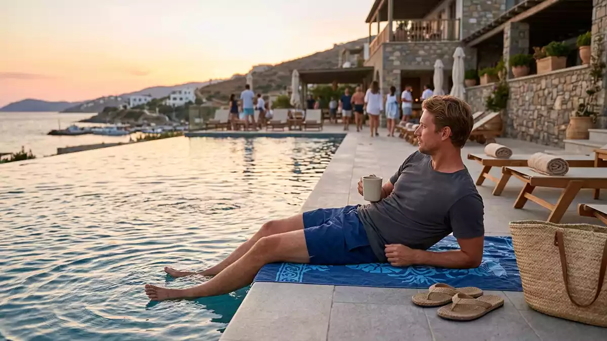 Fotorealistische Ansicht von Badeshorts am Pool in warmem Abendlicht, neutral