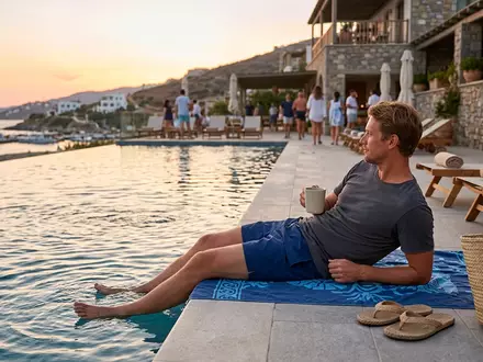 Fotorealistische Aufnahme von Badeshorts am Pool zum Thema Volcom Herren Badeshorts Lido, warmes Abendlicht - Foto: THN