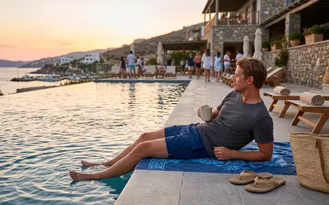Fotorealistische Aufnahme von Badeshorts am Pool zum Thema Volcom Herren Badeshorts Lido, warmes Abendlicht - Foto: THN