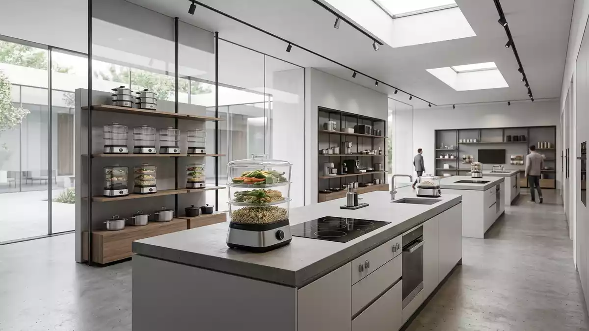 Architektur-Render im Kuechengeraetegeschaeft mit Dampfgaraufsatz im Ausstellungsbereich