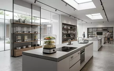 Architektur-Render im Kuechengeraetegeschaeft mit Dampfgaraufsatz zum Thema Thermomix TM6 Zubehör Varoma, neutrales Tageslicht - Foto: THN