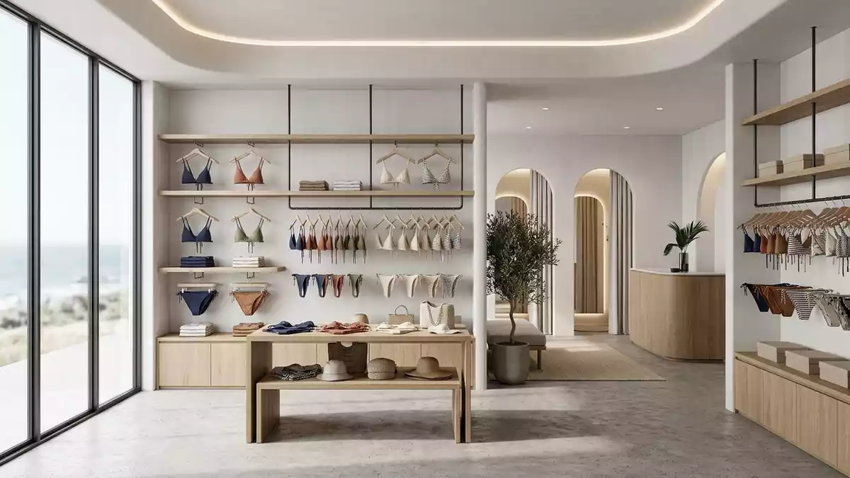 Architektur-Render im Bademodengeschaeft mit Bikinioberteil im Ausstellungsbereich