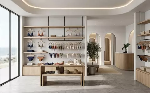 Architektur-Render im Bademodengeschaeft mit Bikinioberteil zum Thema Volcom Damen Bikini-Top Simply, neutrales Tageslicht - Foto: THN
