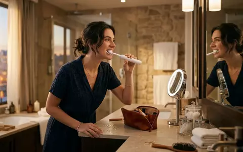 Fotorealistische Aufnahme von Elektrische Zahnbuerste im Hotelbad zum Thema Oral-B iO Series 4, warmes Abendlicht - Foto: THN