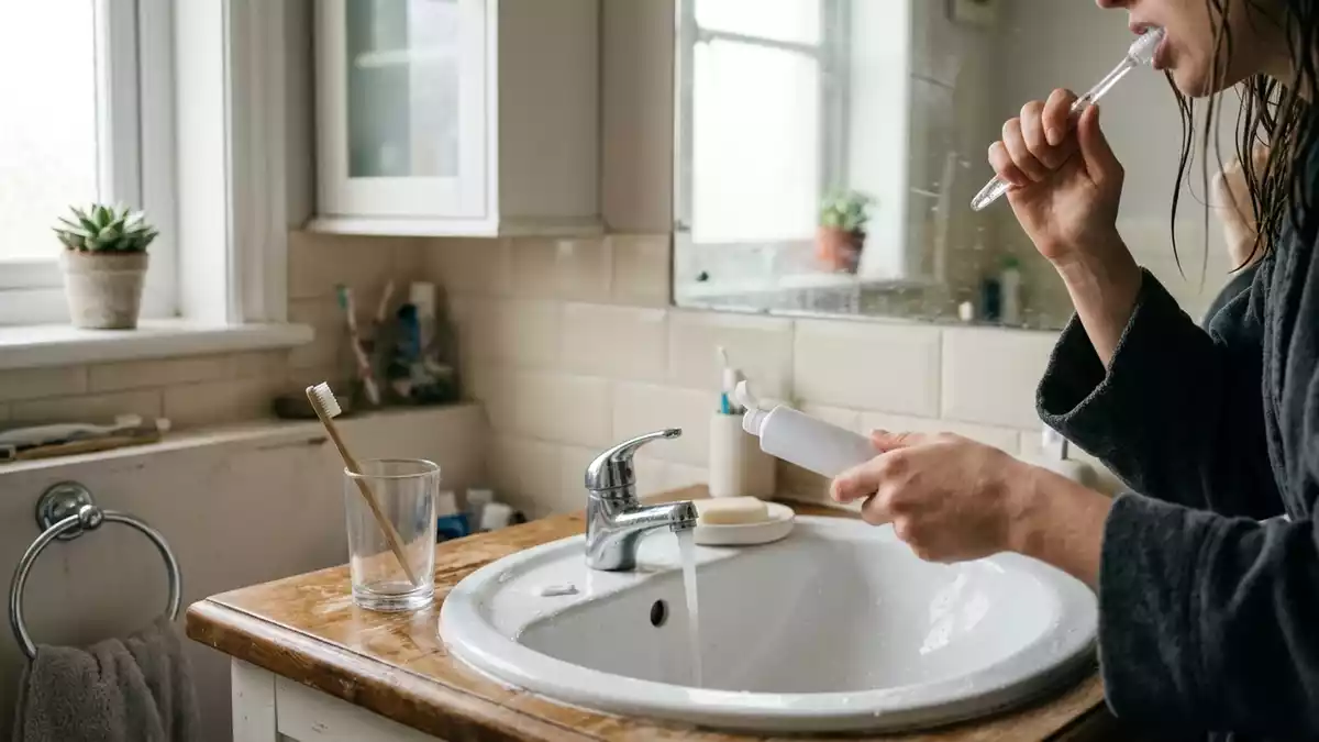 Fotorealistische Ansicht von Zahnpasta im Badezimmer in realer Umgebung, neutral