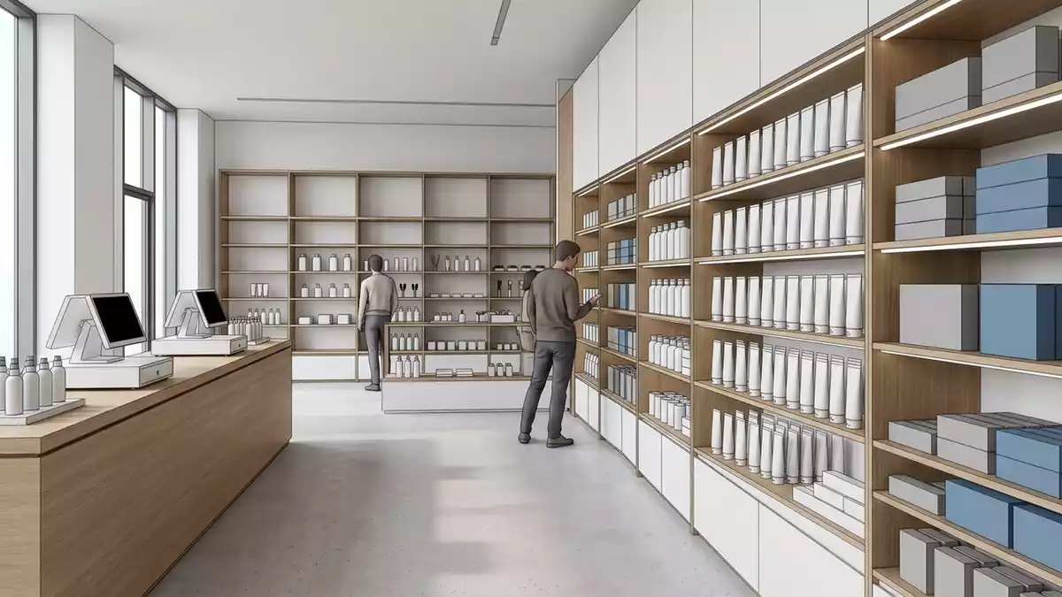 Architektur-Render im Drogerie mit Zahnpasta im Ausstellungsbereich, neutral
