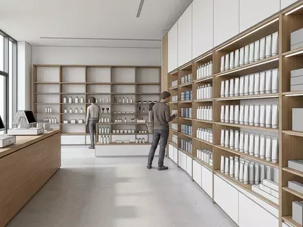 Architektur-Render im Drogerie mit Zahnpasta zum Thema Oral-B 3D White Zahnpasta, neutrales Tageslicht - Foto: THN