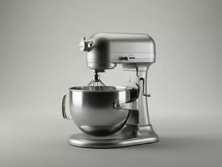 Fotorealistische Studioaufnahme von Kuechenmaschine zum Thema Smeg SMF03 50s Style, klare Lichtfuehrung - Foto: THN