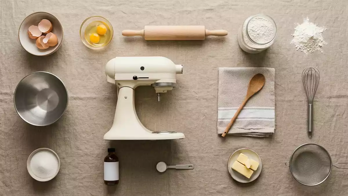Flatlay-Arrangement rund um Kuechenmaschine mit passenden Requisiten von oben, neutral