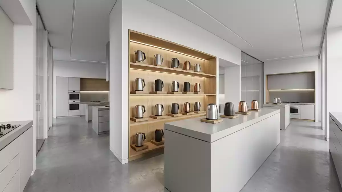 Architektur-Render im Kuechengeraetehaus mit Wasserkocher im Ausstellungsbereich