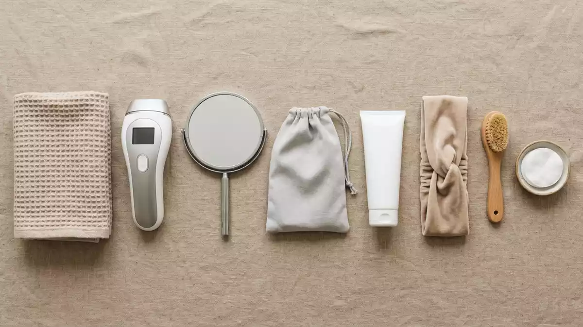 Flatlay-Arrangement rund um IPL-Haarentferner mit passenden Requisiten von oben