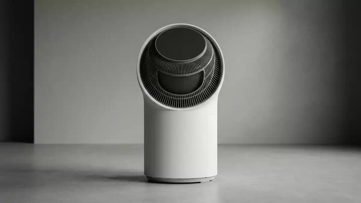 Fotorealistische Studioansicht von Luftreiniger in neutraler Produktdarstellung