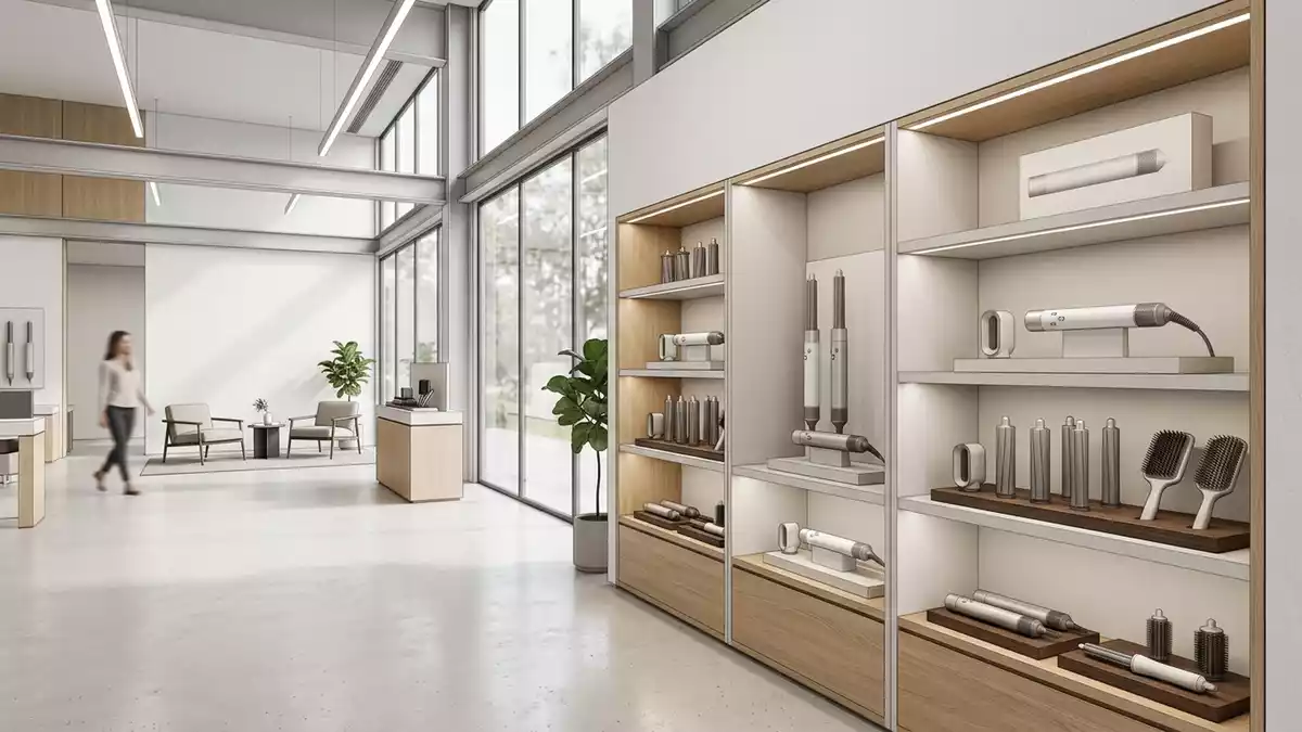 Architektur-Render im Kosmetikgeschaeft mit Haarstyler im Ausstellungsbereich, neutral