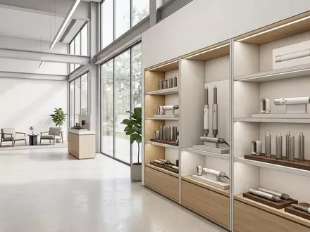 Architektur-Render im Kosmetikgeschaeft mit Haarstyler zum Thema Dyson Airwrap Multi-Styler Complete, neutrales Tageslicht - Foto: THN