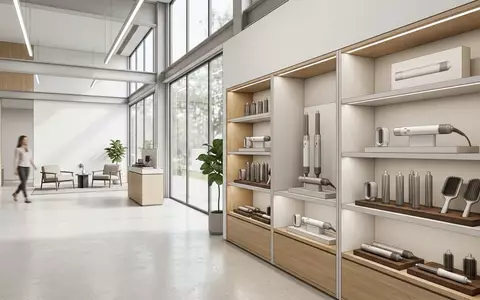 Architektur-Render im Kosmetikgeschaeft mit Haarstyler zum Thema Dyson Airwrap Multi-Styler Complete, neutrales Tageslicht - Foto: THN