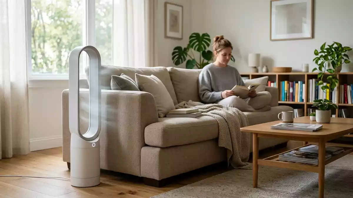 Fotorealistische Ansicht von Luftreiniger im Wohnzimmer in realer Umgebung, neutral