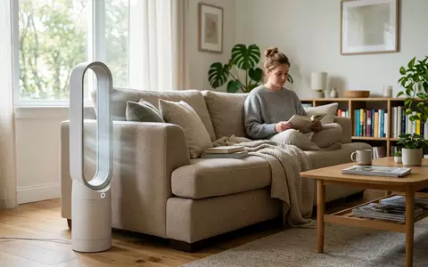 Fotorealistische Aufnahme von Luftreiniger im Wohnzimmer zum Thema Dyson Purifier Cool PC1, natuerliches Licht - Foto: THN