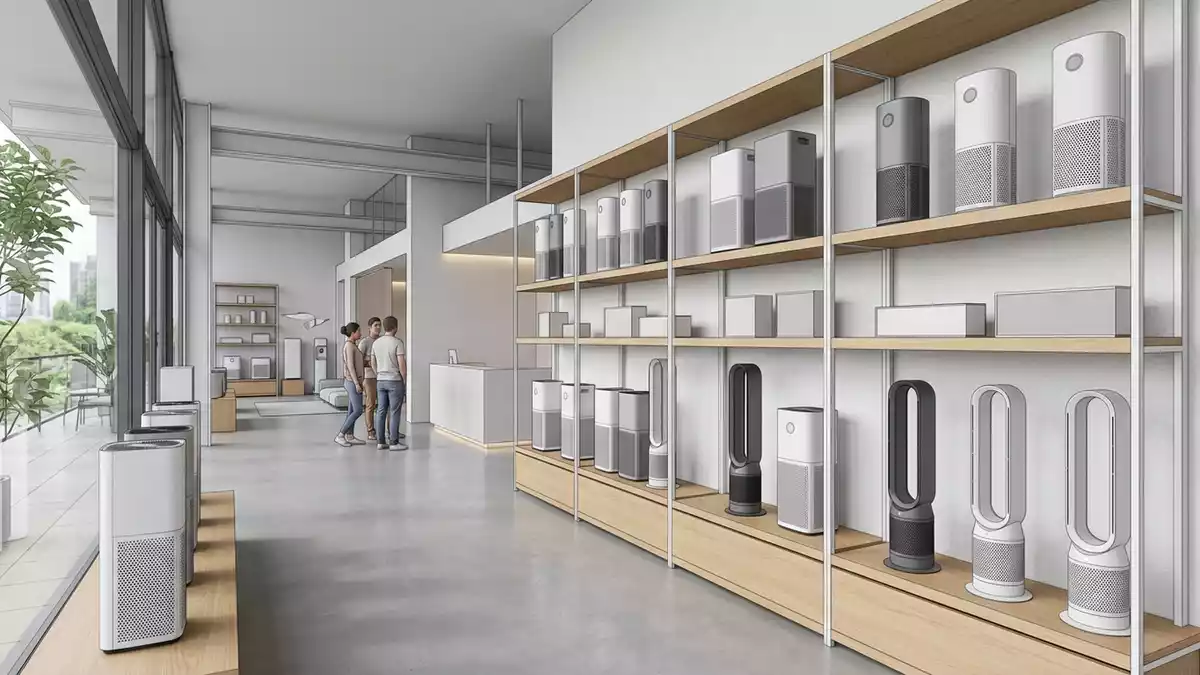 Architektur-Render im Hausgeraetegeschaeft mit Luftreiniger im Ausstellungsbereich