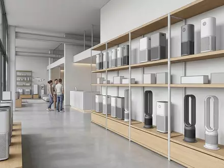 Architektur-Render im Hausgeraetegeschaeft mit Luftreiniger zum Thema Dyson Purifier Hot+Cool HP1, neutrales Tageslicht - Foto: THN