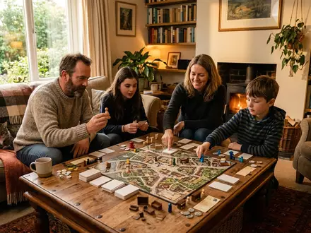 Fotorealistische Aufnahme von Detektivspiel im Wohnzimmer zum Thema Cluedo Classic, warmes Abendlicht - Foto: THN