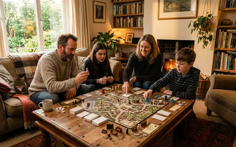 Fotorealistische Aufnahme von Detektivspiel im Wohnzimmer zum Thema Cluedo Classic, warmes Abendlicht - Foto: THN