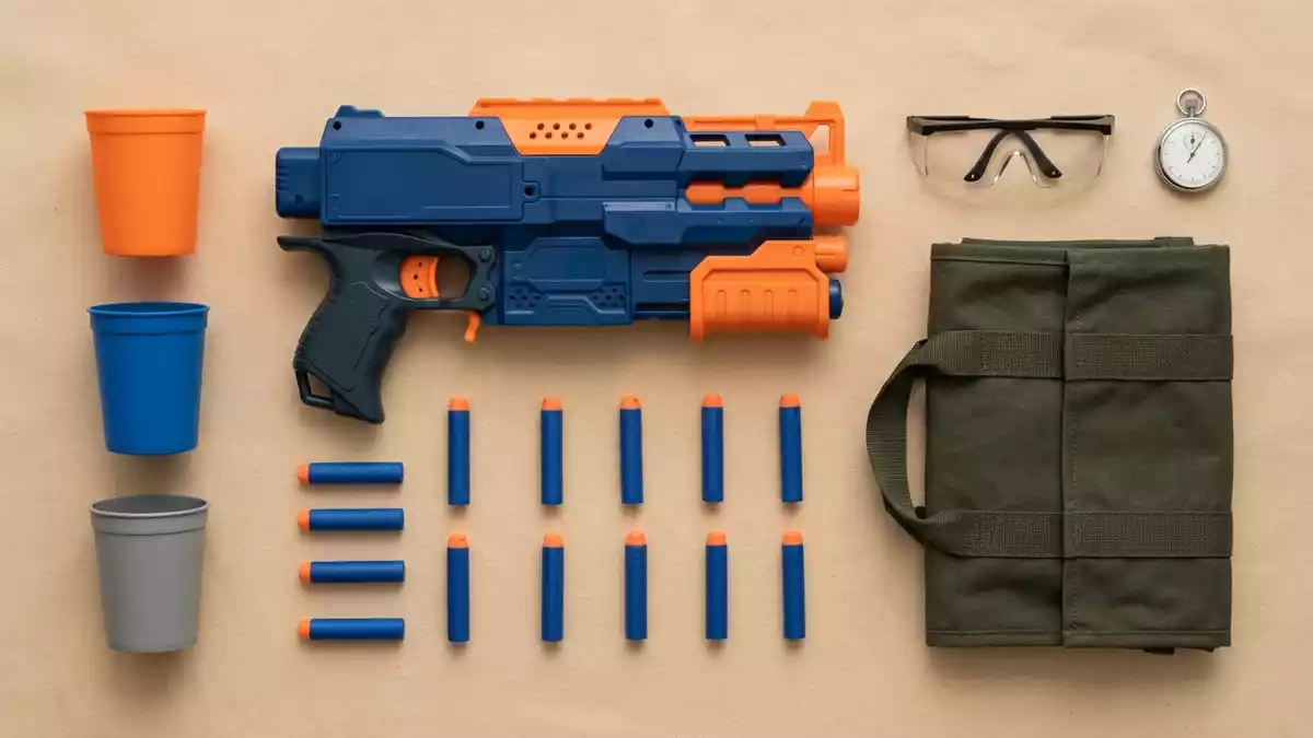 Flatlay-Arrangement rund um Schaumstoffblaster mit passenden Requisiten von oben