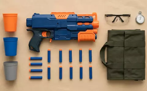 Flatlay-Arrangement rund um Schaumstoffblaster zum Thema Nerf Elite 2.0 Commander, weiches Oberlicht - Foto: THN
