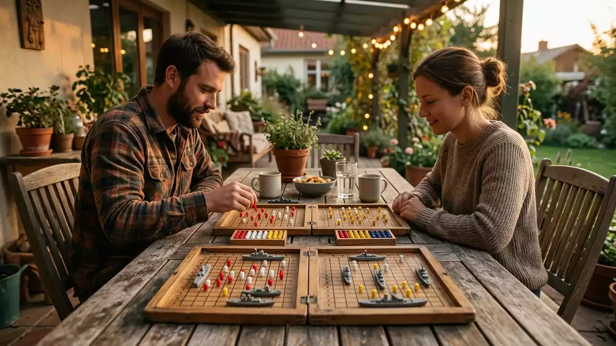 Fotorealistische Ansicht von Strategiespiel auf der Terrasse in warmem Abendlicht